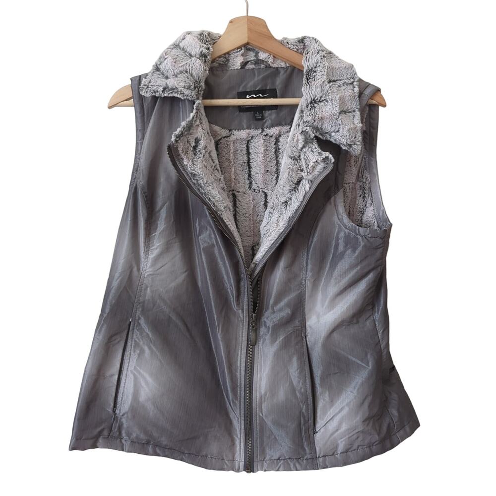 MontanaCo Womens Faux Fur Lined Zip Front Vest Size Large Gray Tones Jacket Cozy